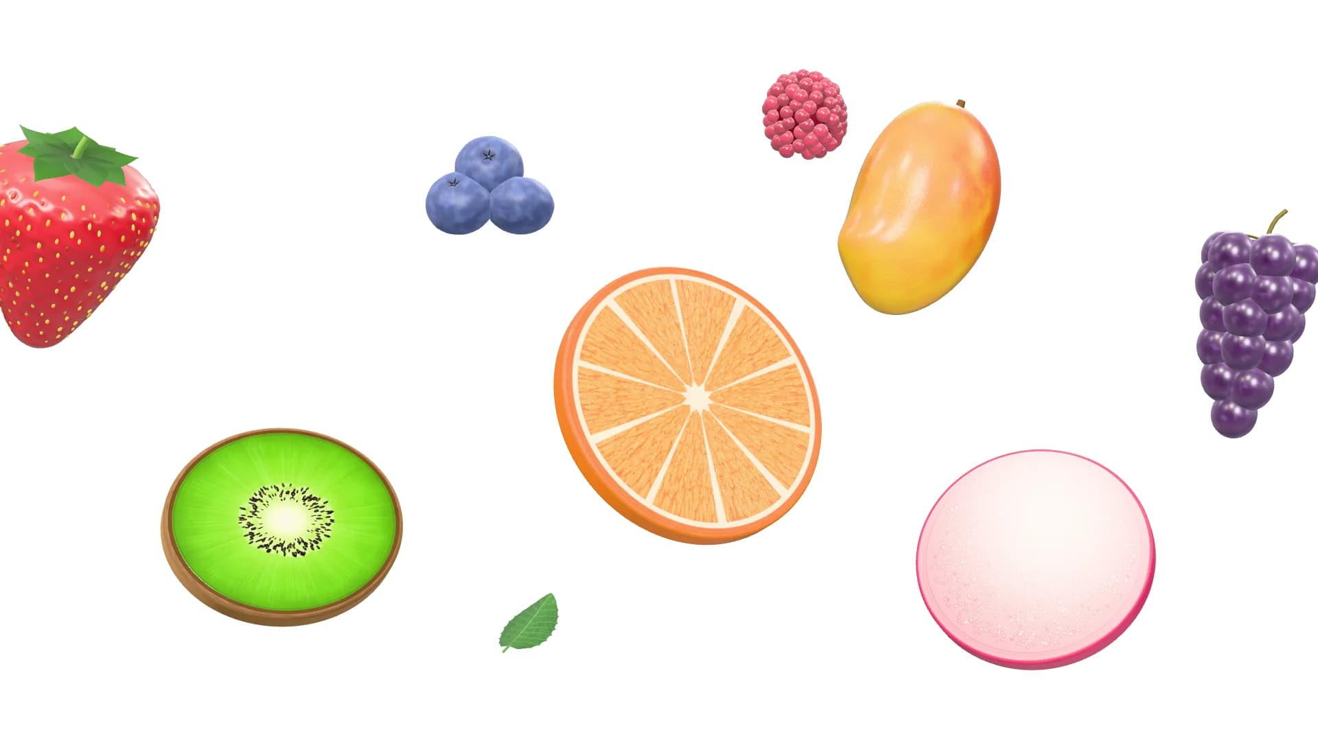 Fresh strawberry, kiwi, orange, mango, dragon fruit and grapes floating in a bright white space.