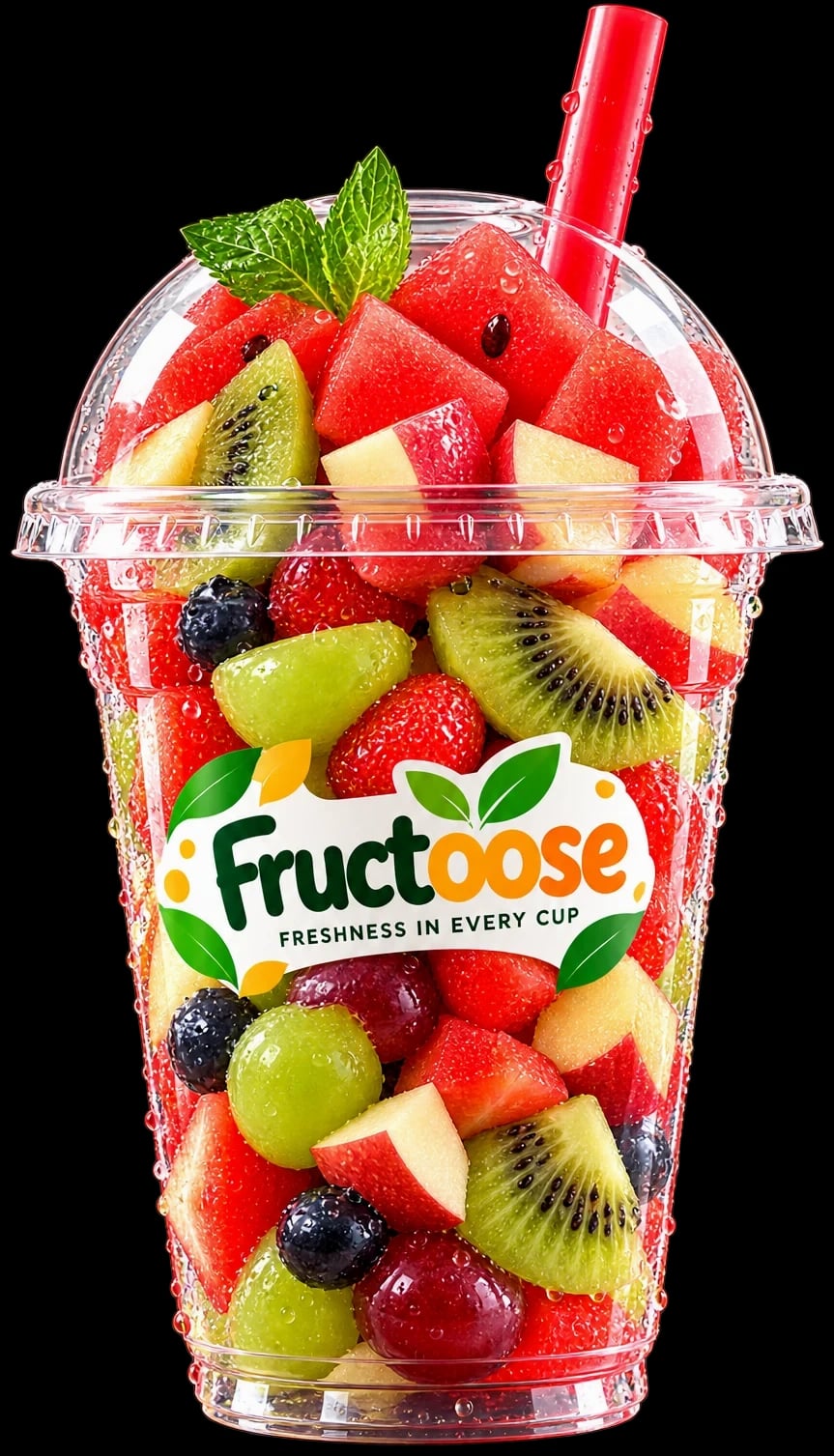 The Fructoose Real Juice: a clear cup packed with watermelon, kiwi, strawberries, apple, blueberries and grapes, topped with mint and a red straw under a dome lid.